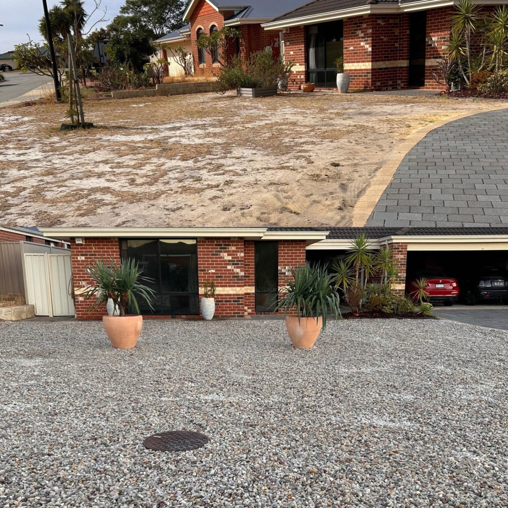 Gravel driveway and front